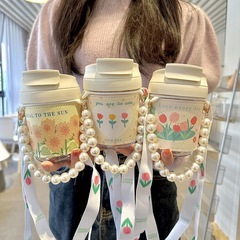 Original spring tulip crossbody cup with water cup cover ins style plastic cup with high appearance and large capacity straw cup