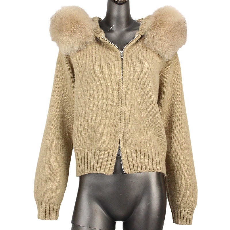 Women's Clothing Spot autumn and winter new casual hooded real fox fur collar fashionable all match knitted sweater outerwear fur coat women_voghion.com