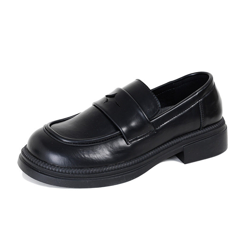 Giày lười nữ đế dày kiểu Anh cổ thấp mũi tròn gót thô 3-5 cm — Màu nâu, Màu đen