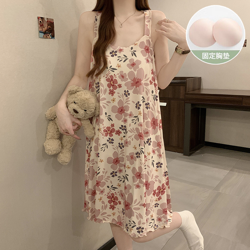 2025 Summer Backless Suspender Nightgown with Breast Pads for Girls and Students, Sweet and Pure Women's Sexy Sleeveless Home Clothes