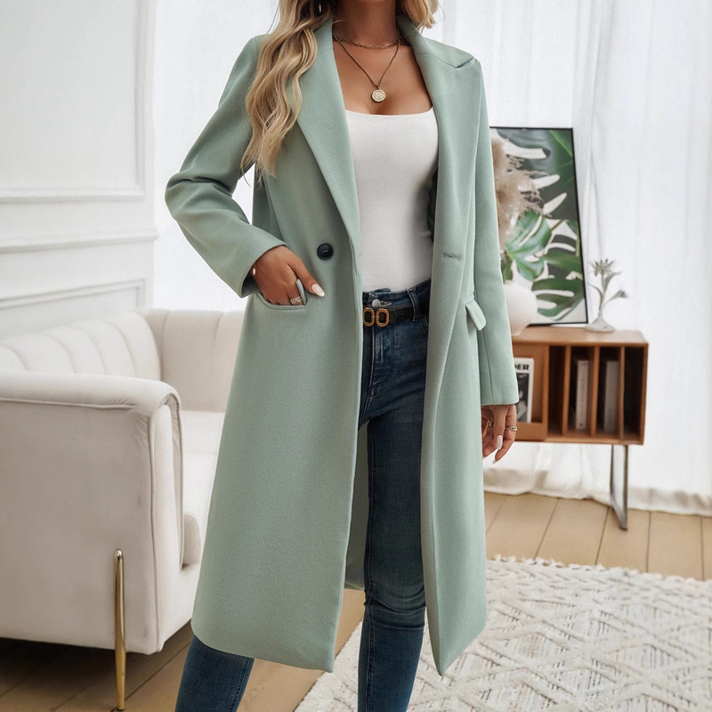 Amazon European and American Cross-Border Popular Women's Autumn and Winter Woolen Long Suit Collar Outwear Windbreaker Slim Women's Outwear