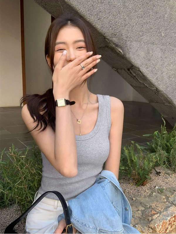 2025现货螺纹背心女夏季新款设计感新款U领无袖打底女装白色上衣|undefined