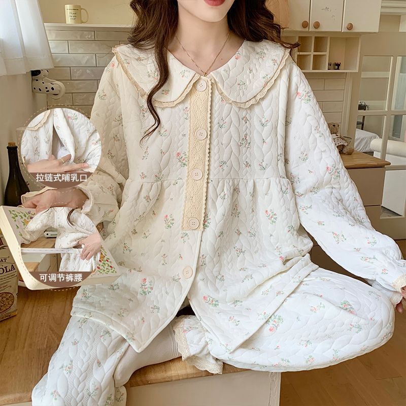 秋冬季新款空气棉月子服加厚夹层孕妇睡衣产后喂奶哺乳口隐形拉链