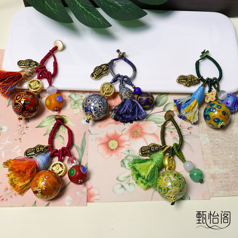 大漆圆珠包挂 挂件饰品手工配饰犀皮镶嵌螺钿大漆工艺漆器文盘玩|undefined