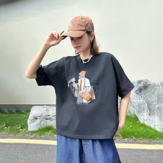 260509韩版圆领插肩袖T恤卡通印花立体装饰百搭休闲个性独特上衣