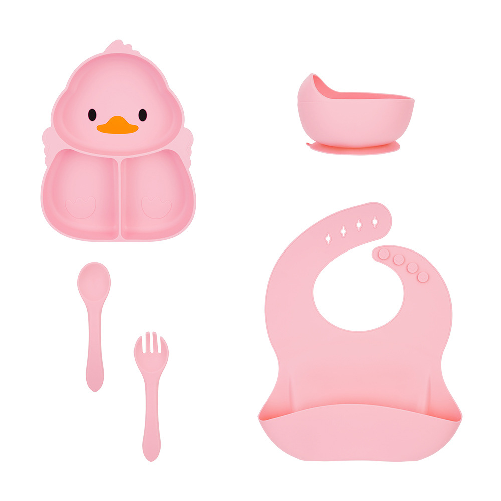 오리풍 핑크 디너 접시 + 실리콘 포크 + 밥주머니 + 그릇 5종 세트