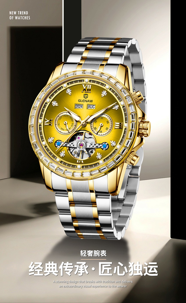 Đồng hồ nam automatic lộ máy dây thép — Xám mặt bạc vỏ bạc dải thép, Dải thép Intergold, Dải thép đen vỏ bạc, Hồng Shell Green Side thép dải chi tiết 1