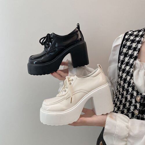 Platform shoes, thick-soled trendy girl shoes with chunky heels, anime-inspired JK uniform style shoes, unique design, Instagram-style fashion.