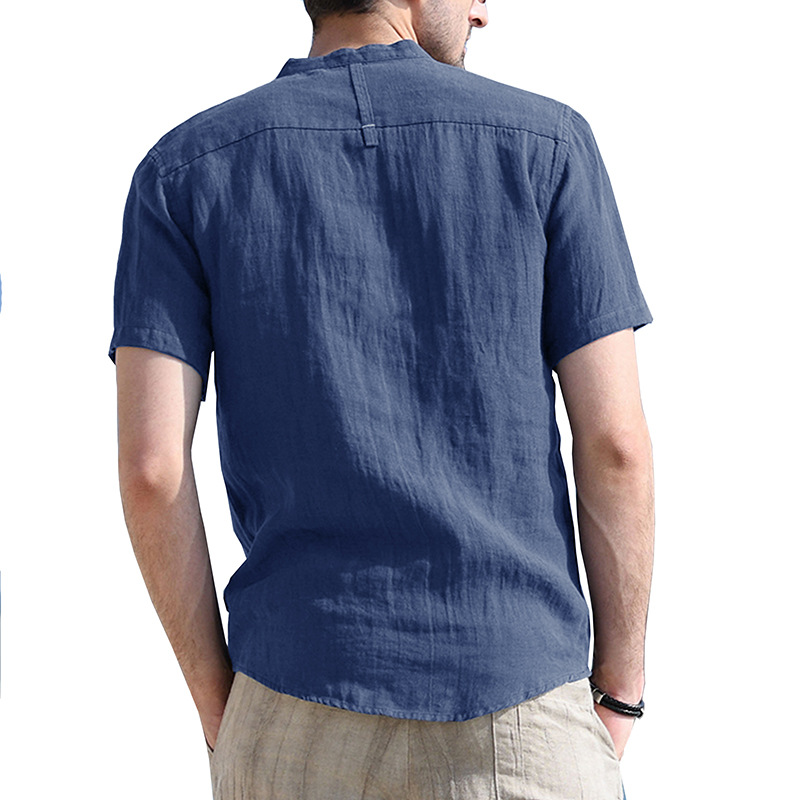 Ropa de hombre transfronteriza de comercio exterior Camisa de manga corta de bolsillo de color sólido con cuello Henry Amazon Camisa de algodón y lino de hombres europeos y americanos al por mayor