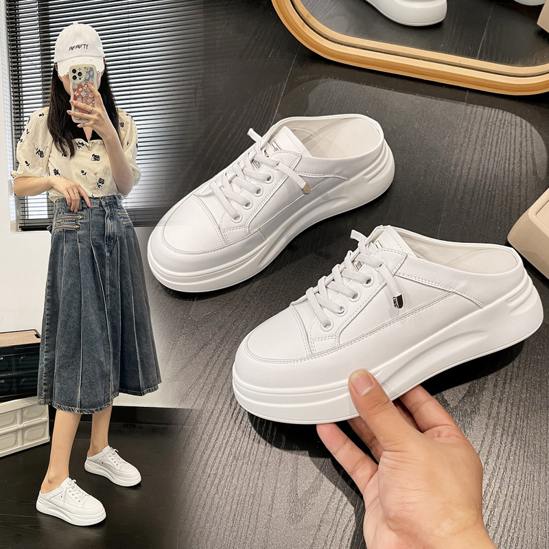 New Genuine Leather White Shoes Women's Casual Lightweight Height-increasing Women's Shoes Fashionable Women's Half-support Breathable Sneakers Flat Shoes