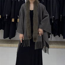 狐狸毛毛领披肩流苏款立体裁剪无领落肩袖中长款双面尼羊毛大衣女