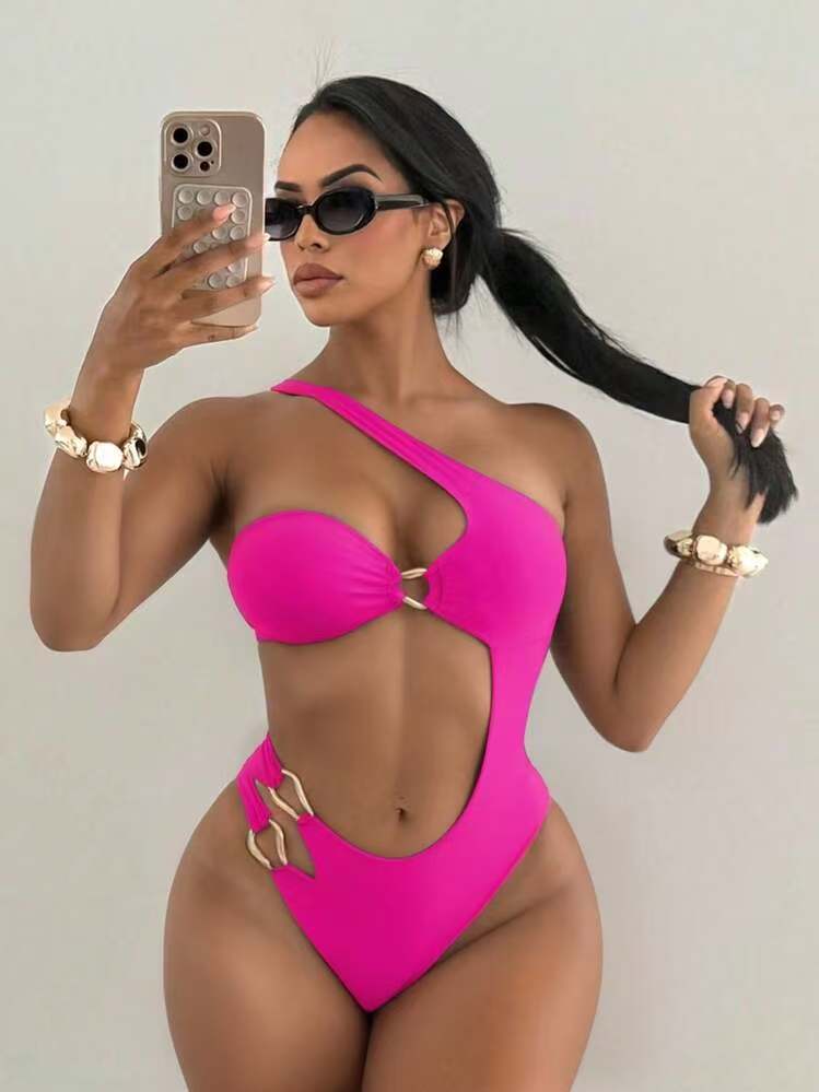 Langxin2026 nuevo trajes de baño europeos y estadounidenses de color sólido hueco de un solo hombro decoración metálica bikini sexy