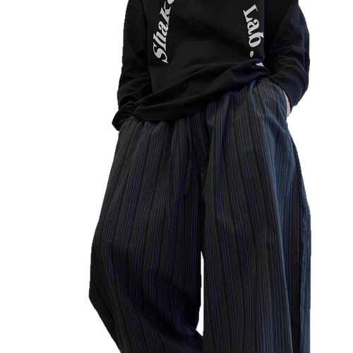 Autumn/Winter Retro Black and Blue Vertical Striped Straight-Leg Jogger Pants for Men, Can Be Tied at the Ankle or Drag on the Ground, Wide-Leg Long Pants