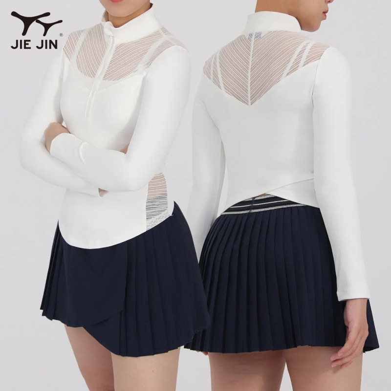 Vintage High-Neck Mesh See-Through Sports Fitness Slim-Fit Long-Sleeve Feather Tennis Top Running Slim-Fit T-Shirt