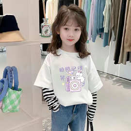 假两件长袖T恤春秋儿童纯棉新款中大女童打底内搭外穿上衣服ins潮