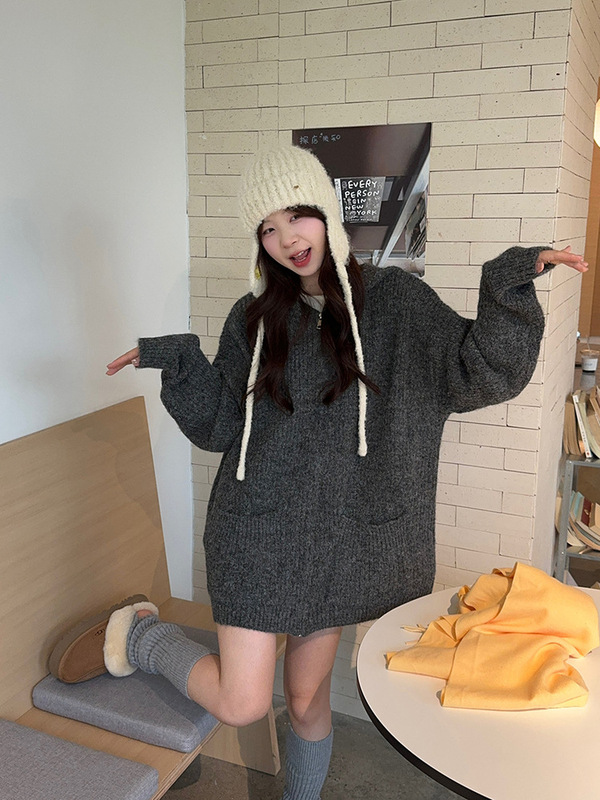 慵懒风连帽毛衣外套女2025秋季新款复古宽松中长款长袖针织上衣潮|undefined