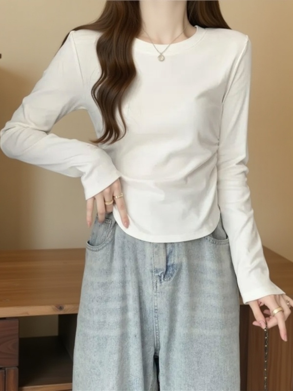正肩圆领褶皱收腰长袖t恤女春秋季内搭打底衫可外穿修身短款上衣|undefined