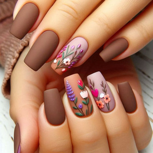 Mid-length Square Frosted Pure Brown Multicolor Flower Temperament Goddess Nail Art Nail Wearing Nail