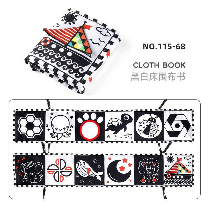 Bebé educación temprana juguetes educativos de doble cara libro de tela blanco y negro cama de los niños circunferencia colgante saliva toalla cuadrada forma cognitiva libro de tela image 20