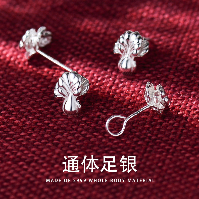 S999純銀耳釘彎勾女復古民族風白菜耳釘創意個性時尚耳飾品批發