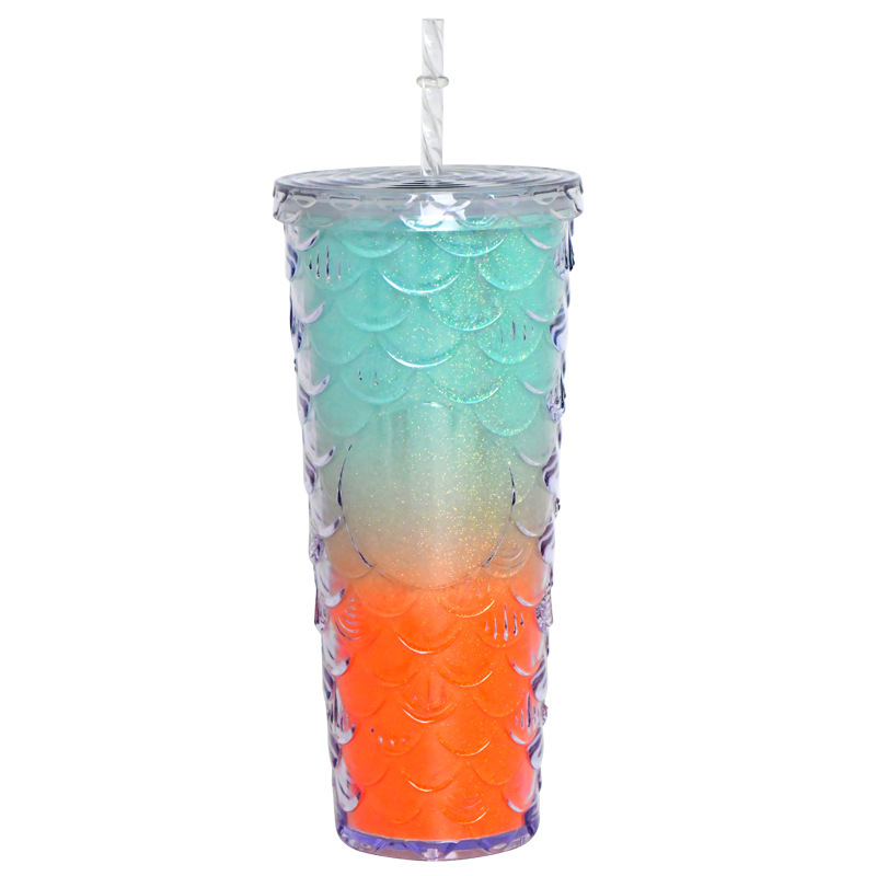 プラスチックカップ新型二重クリエイティブグラデーションマーメイドテールストローカップドリアンカップメッキカラースパンコールカップ|undefined