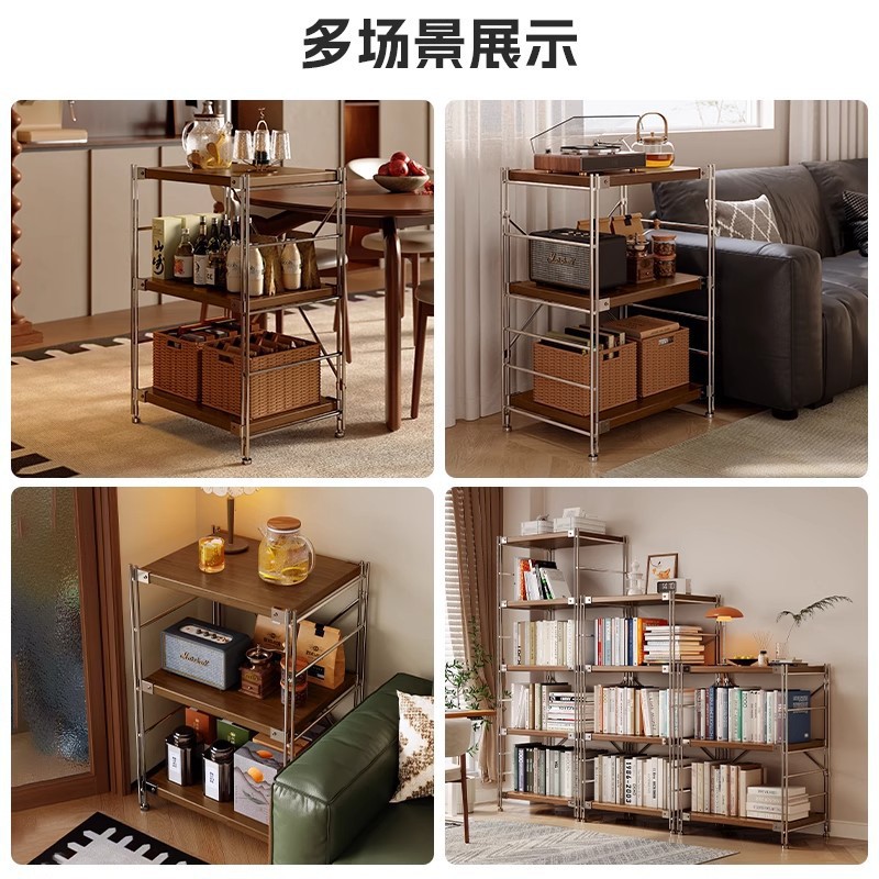 Estante de cocina junto a la mesa de comedor Estante de almacenamiento de tienda de barbacoa de brochetas de olla caliente multicapa, sala de estar vacía, almacenamiento de cocina