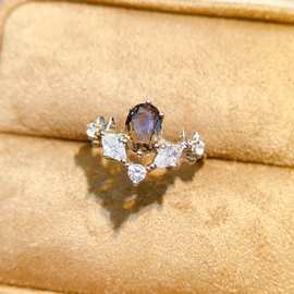 新款天然茶水晶戒指S925银镶嵌主石5*7mm百搭网红爆款女饰批发