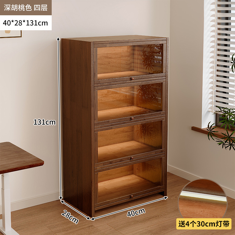 Librería de madera maciza a prueba de polvo integrada contra la pared Armario de almacenamiento de color nogal Armario de almacenamiento Armario de piso Estantería para el hogar