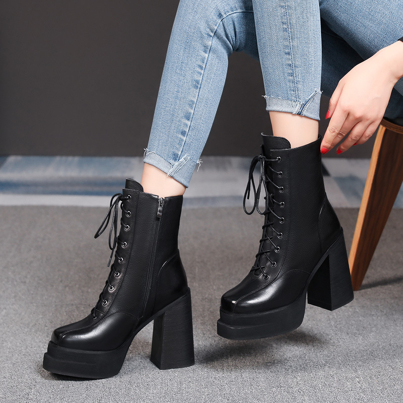 2022 New Side Zipper Lace-up Waterproof Platform Super High Heel 12cm Thick Heel Casual All-match Martins Women's Trendy Boots