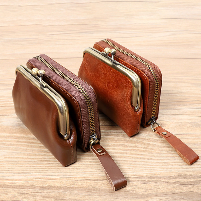 Ví nữ da bò thật cổ điển dạng gấp đựng tiền xu thẻ 11×6×8 cm — Màu đen, Đỏ hoa hồng