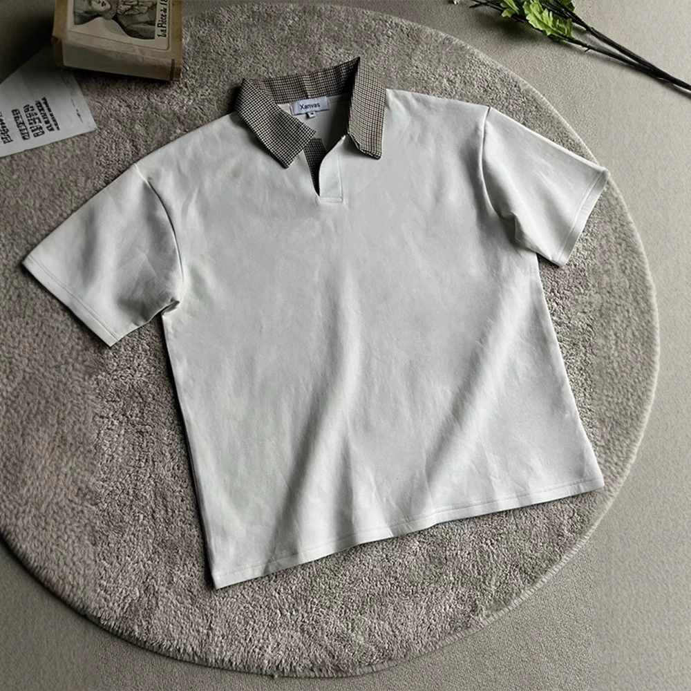Houndstooth spliced ​​polo shirt short-sleeved men's American old money style shoulder T-shirt cleanfit lapel half sleeve