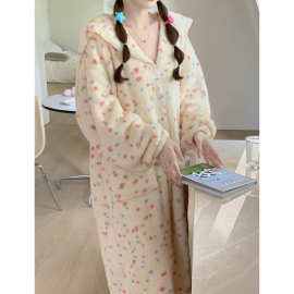 2025冬季海军领彩色斑点珊瑚绒睡裙睡衣女款加厚加绒长袖家居服秋