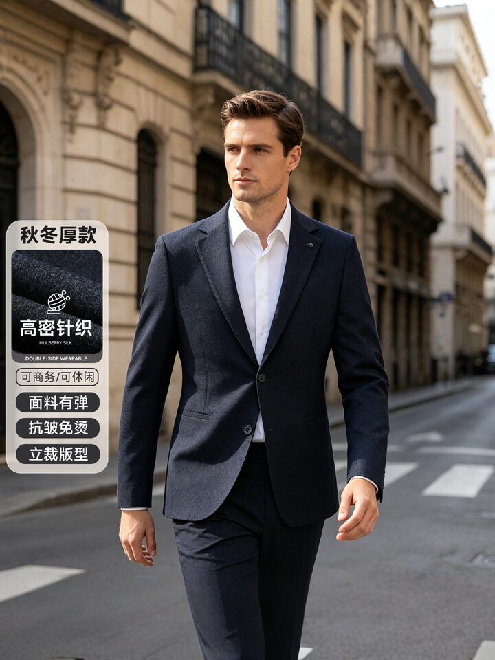 Áo vest nam dệt kim dày dặn mật độ cao, chống nhăn không cần ủi, dáng ôm, tay dài — Màu xanh dương