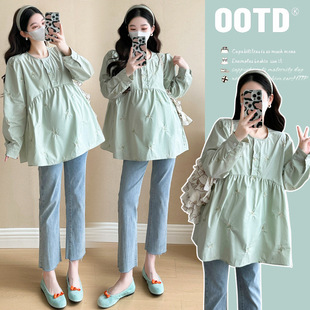 2025 Spring Pregnant Women's Sweet Age-reducing Loose Belly Covering Doll Shirt New Korean Simple plus size Pregnant Women's Top