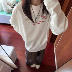 美式纯棉白色长袖t恤女春秋2025新款宽松慵懒风内搭打底衫上衣服