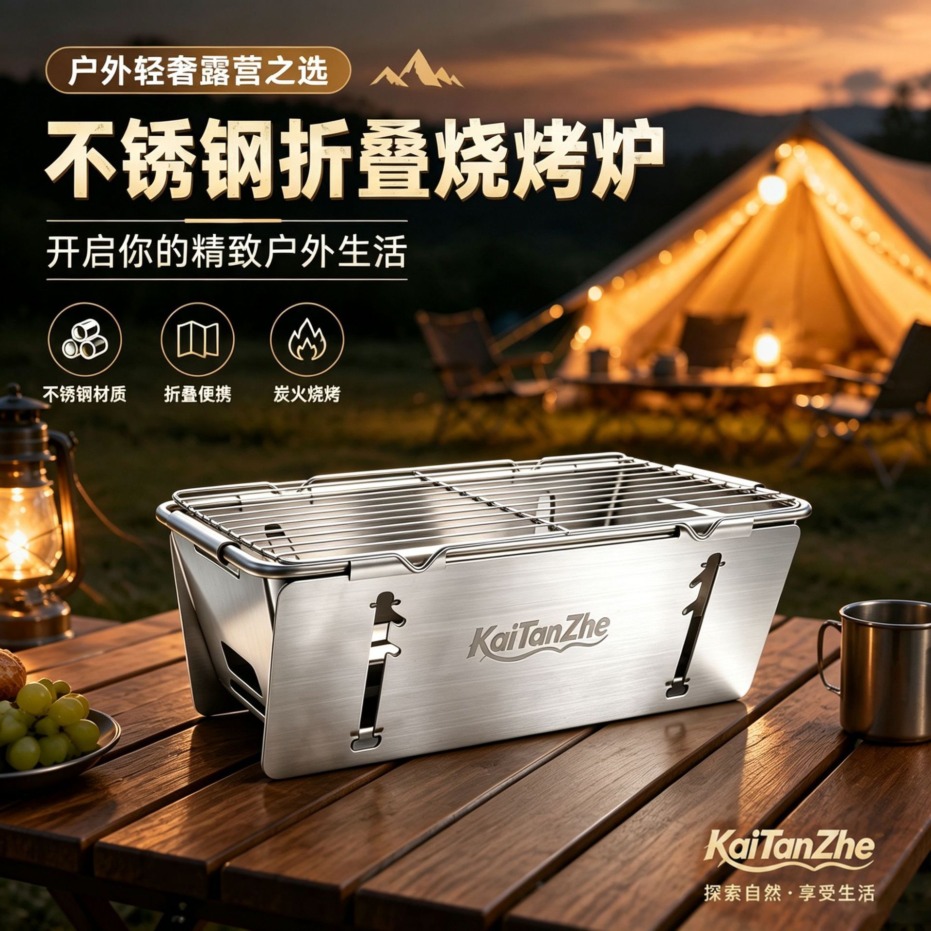 Stainless steel tactical folding grill, instant-fold barbecue grill, fully portable for camping and picnics, thickened charcoal grill rack