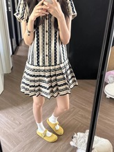 韩系感小个子黑白条纹短袖连衣裙女2025年新款夏日绝美小裙子