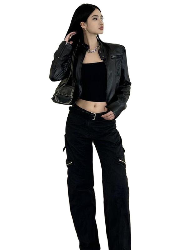 辣妹短款黑色机车pu皮衣外套女春秋季新款美式设计感修身夹克上衣|undefined