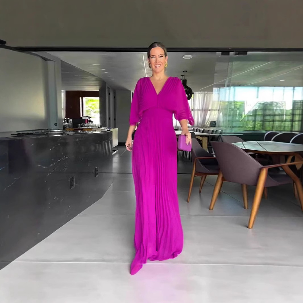 2025 Europe and the United States Amazon cross-border foreign trade new European and American style solid color V collar bat sleeve high waist dress