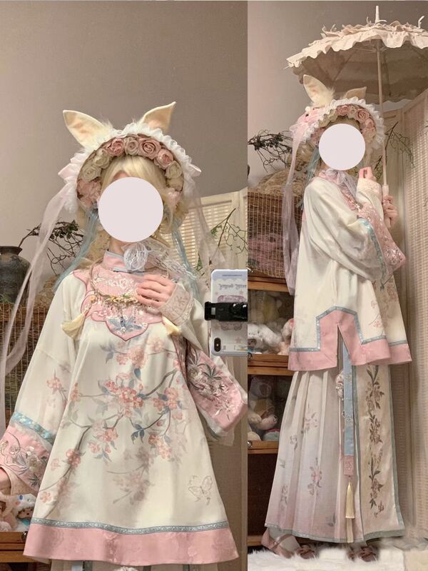 复原汉服清汉女清朝格格大袖重工印花马面裙套装汉洋折衷国风华服|undefined