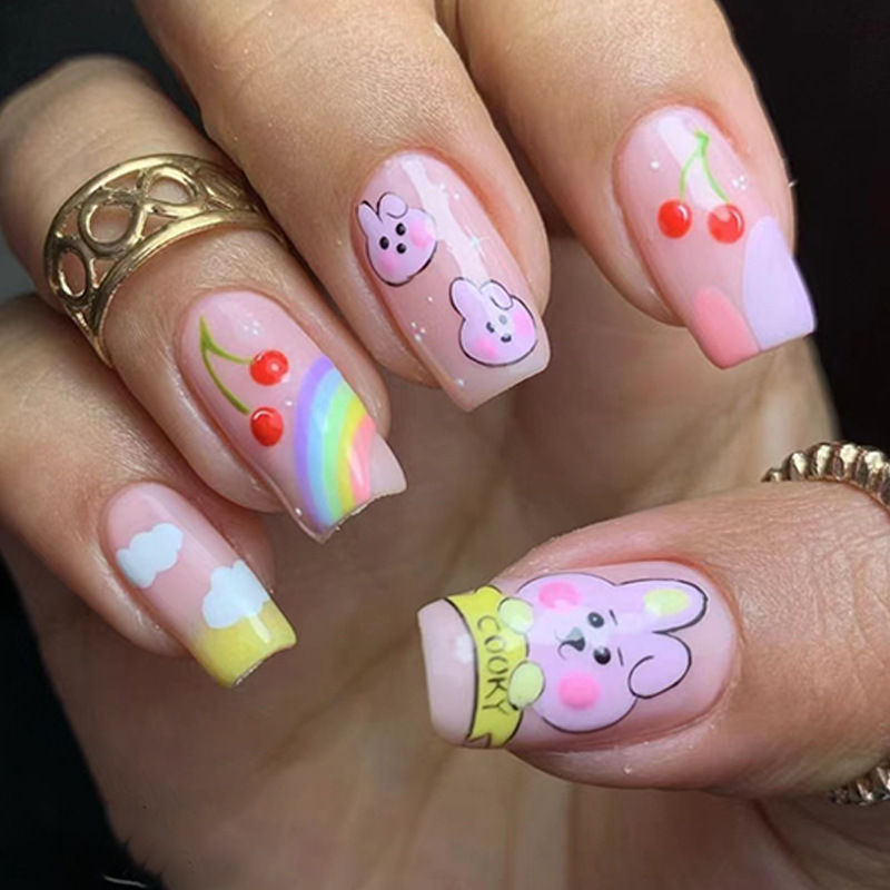 Short bright square nail glossy wearing nail Easter cute rabbit rainbow Cherry fake nail detachable 24 pieces