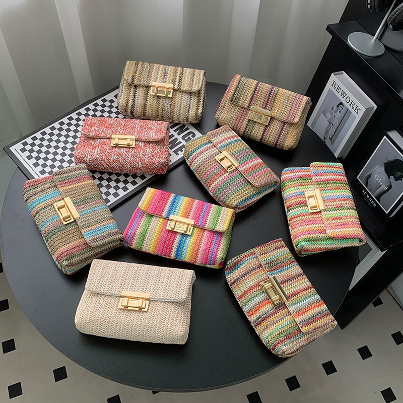 woman bag2025时尚简约彩虹女士包包多色夏季草编包斜跨包热销