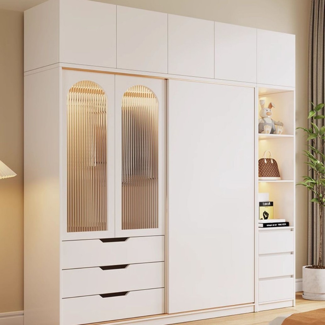 法式奶油风衣柜卧室家用推拉门玻璃实木衣橱现代简约储物柜子