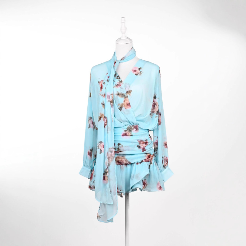 American Fashionable 2025 Spring and Summer Travel Photography Petite Slim Fit Gentle and Elegant Printed V Neck Long-Sleeved Dress with Pleats