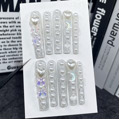 歐美風超長水管甲愛心珍珠爆閃手工穿戴甲跨境外貿長款美甲貼片