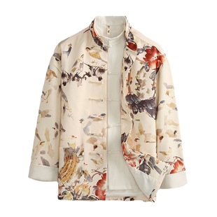 Spring and Autumn Chinese Style Chinese Style Buckle Design Men's Tang Dress Printed Bird White Casual Shirt Jacket