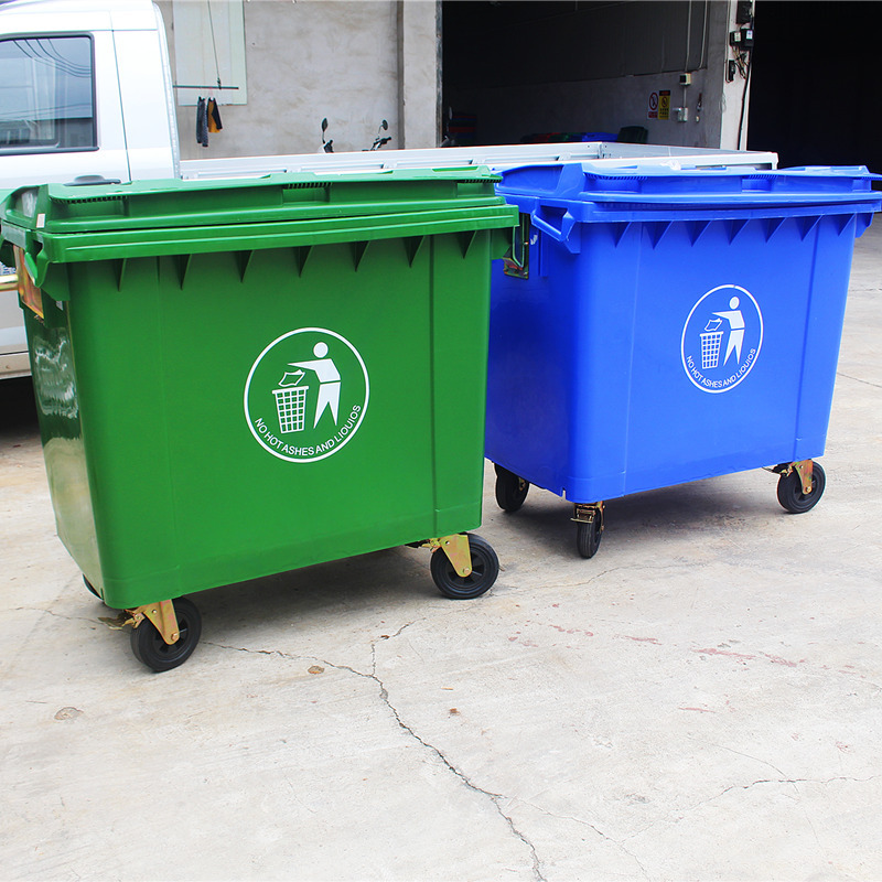 批发660L市政户外街道塑料垃圾桶 公园景区滚轮翻盖移动垃圾箱