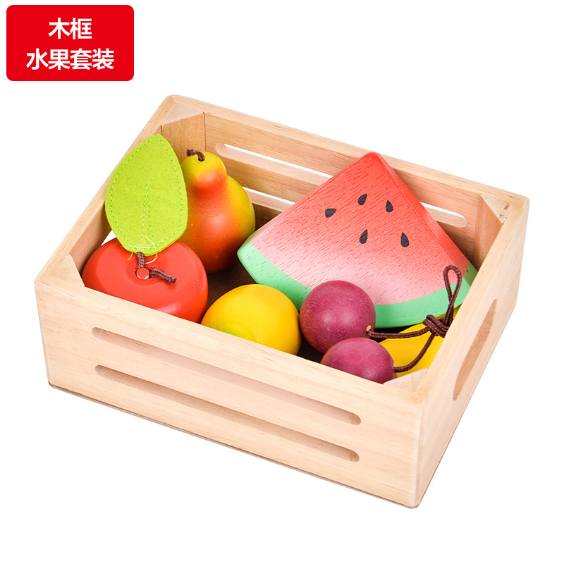 Caja de madera para niños, frutas y verduras, cortar música, jugar a la casa, juguetes, marco de madera de simulación de roble, verduras y frutas, ver