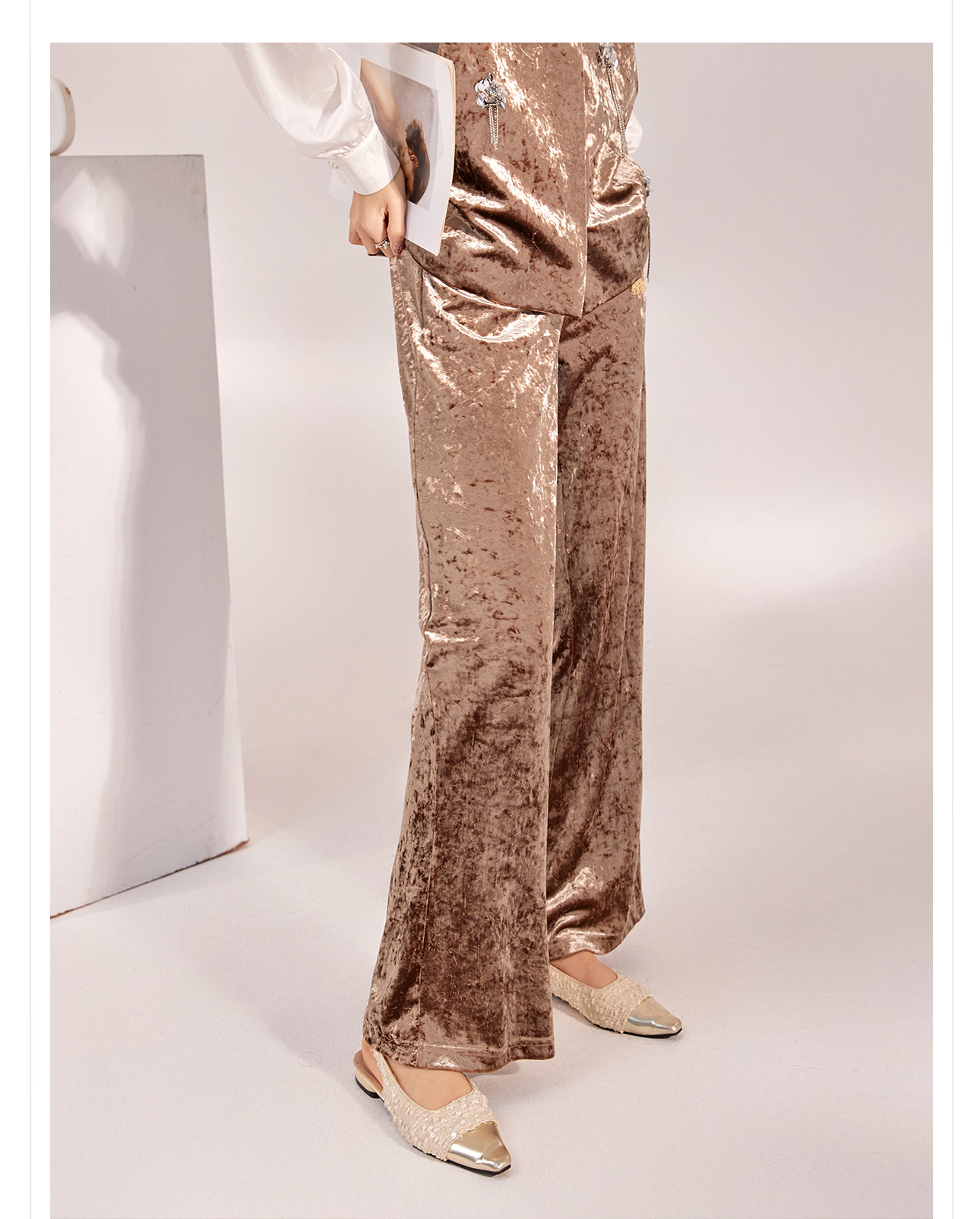 Quần ống rộng nhung lụa kiểu Trung Quốc mới, jacquard màu trơn, phong cách văn nghệ — Màu đen, Màu vàng, Màu hồng, Màu mơ chi tiết 12