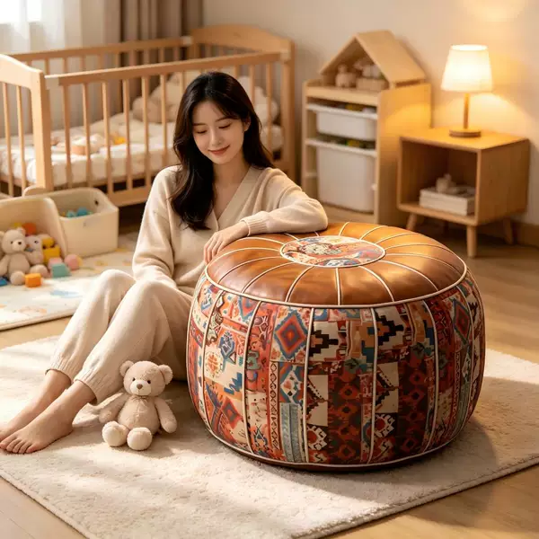 Exotic-style vintage round storage ottoman filled with old clothes, durable home-use storage leather stool, lazy storage low stool
